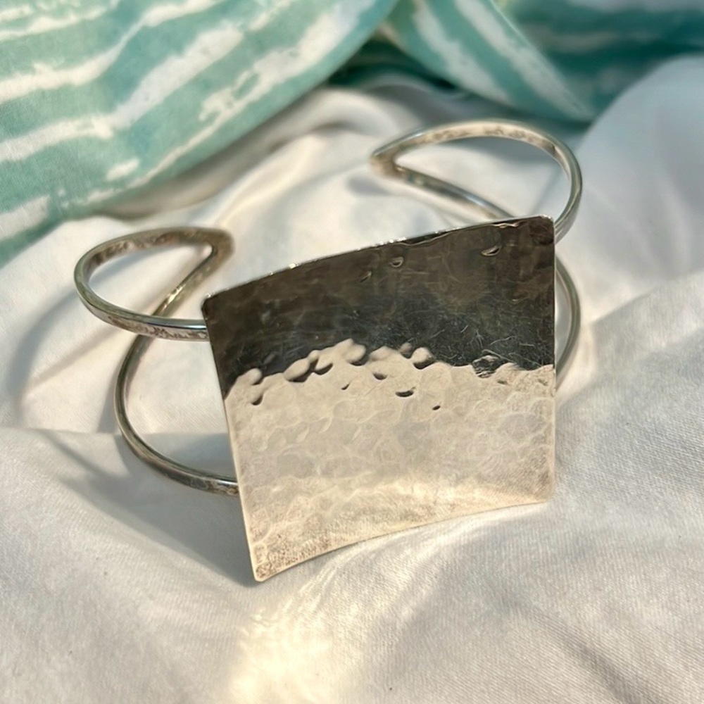Hammered Square Sterling Silver 925 Artisan Stamped Cuff Bracelet Handmade
